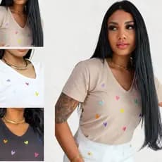 Blusa T-shirt Feminina em Algodão Premium com Bordados de Diversos Temas – Tendência Blogueira
