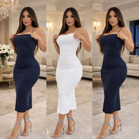 Vestido Midi Tubinho em Poliamida Linha Premium com Bojo Forrado, Fenda Lateral, Detalhe nas Costas Moda Feminina Colado