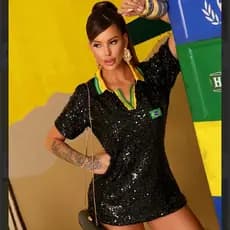 Camisa Blusa Feminina Do Brasil em Paetê Tecido Forrado Glamour Fashion Brilho Tendencia Moda Copa do Mundo 2026 Estilo