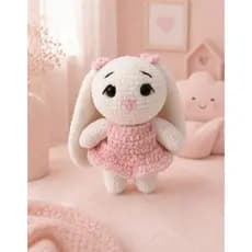 Coelho Orelhudo Amigurumi em Fio de Pelúcia com Vestido Rosa – 18 cm Artesanal