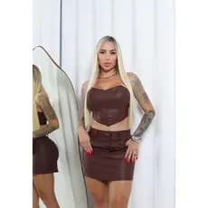 conjunto saia de couro + cropped conjunto courino moda feminina inverno2025