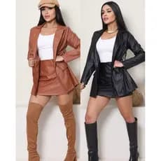 conjunto blazer e short saia em courino moda feminina inverno