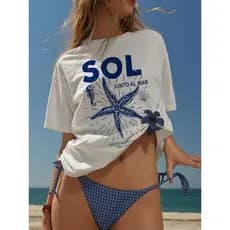 Camiseta feminina praia casual confortável 100% algodão