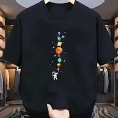 Camiseta Masculina Manga Curta Criativa Astronauta Planetas Camisa 100% Algodão 30.1 Blusa Casual Confortável
