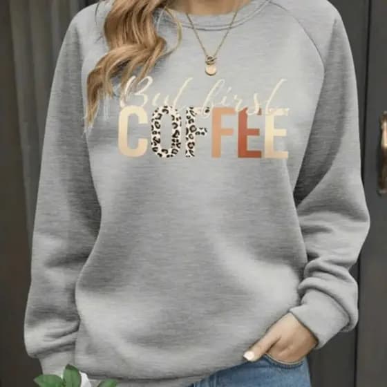 Blusa de Frio Moletom Feminino Gola Redonda Coffee Algodão Flanelado