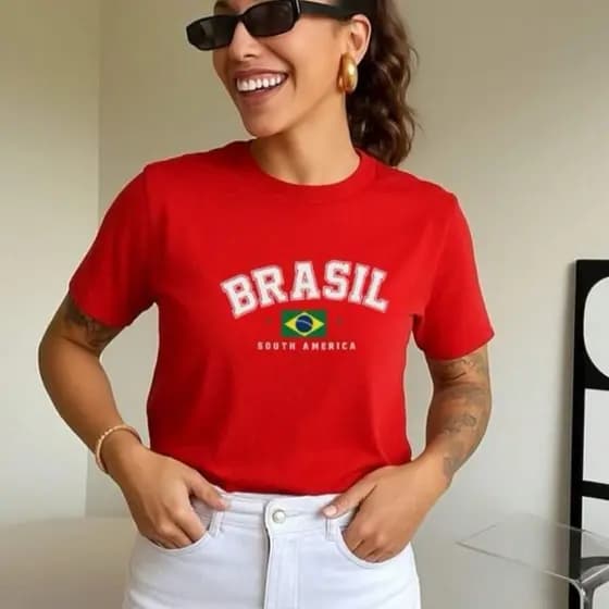 Camiseta Feminina Estampa Copa do Mundo Brasil Blusa Algodão Gola Redonda Confortável  Básica Leve Versátil