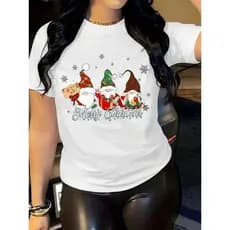 Camiseta Feminina Blusa Algodão Natal Duendes 2025 Ano novo 2026 Casual  Manga Curta Camisa Gola Redonda