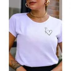 Camiseta Feminina Coração e Flor Minimalista Blusa estampada de algodão Promoção