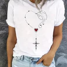 Camiseta Casual Feminina de Manga Curta com Gola Redonda Estampa de Coração & Cruz, Primavera/Verão, Camisetas Fofas
