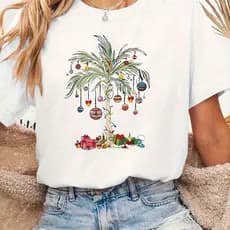 T-shirt festiva de Natal com estampa de palmeira para mulheres - Camiseta casual de manga curta com decote redondo.