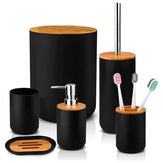 Kit Banheiro Conjunto 6  Peças Completo Lixeira Tampa Bambu Lavabo Escova Sanitária