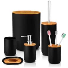 Kit Banheiro Conjunto 6  Peças Completo Lixeira Tampa Bambu Lavabo Escova Sanitária