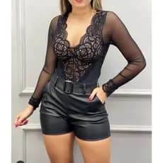 Short Feminino de Cinto Courino Cirrê Short Cintura Alta