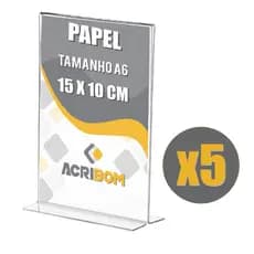 Display De Mesa Tipo T Tamanho A6 15x10cm Vertical Para Restaurante / Porta Papel Balcão Em Acrílico Cristal Transparente  - KIT COM 5 PEÇAS - Acribom
