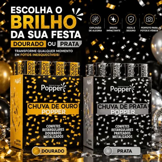Lança Confetes Dourado ou  Prata para Festas Eventos Aniversarios Decoração Ano Novo