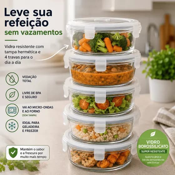 Kit 10 ou 5 Potes 380ml ou 600ml Vidro Hermético Redondo Com Travas Marmita Premium