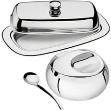 Açucareiro com colher e Manteigueira Com Tampa Aço Inox Tramontina brilho Mesa café da manhã chá