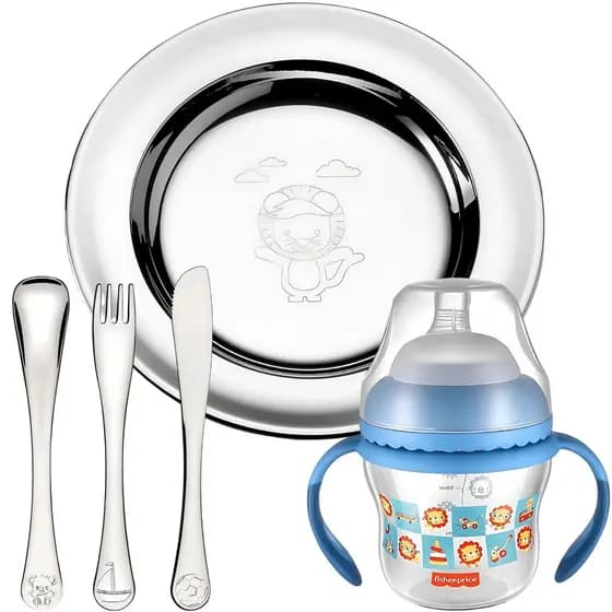 Prato Talher Infantil leão barco Aço inox Tramontina Copo Transição Fisher price criança desenvolvimento