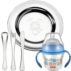 Prato Talher Infantil leão barco Aço inox Tramontina Copo Transição Fisher price criança desenvolvimento