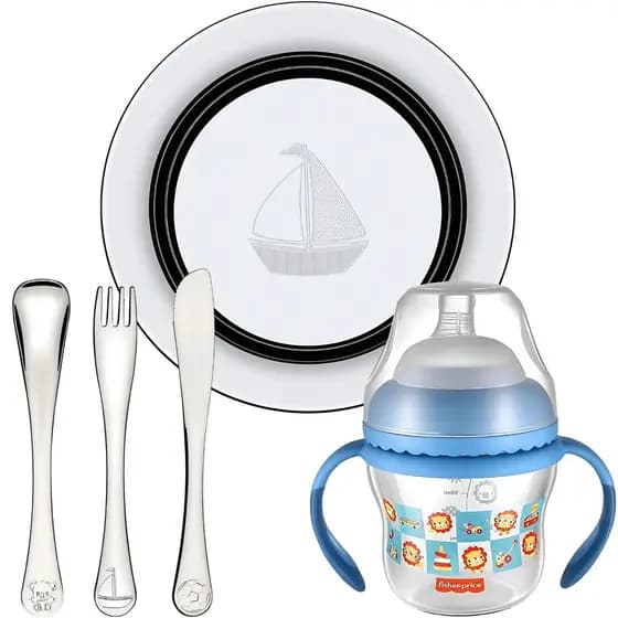 Prato Talher Infantil Aço inox Tramontina Copo Transição Fisher price refeição criança desenvolvimento