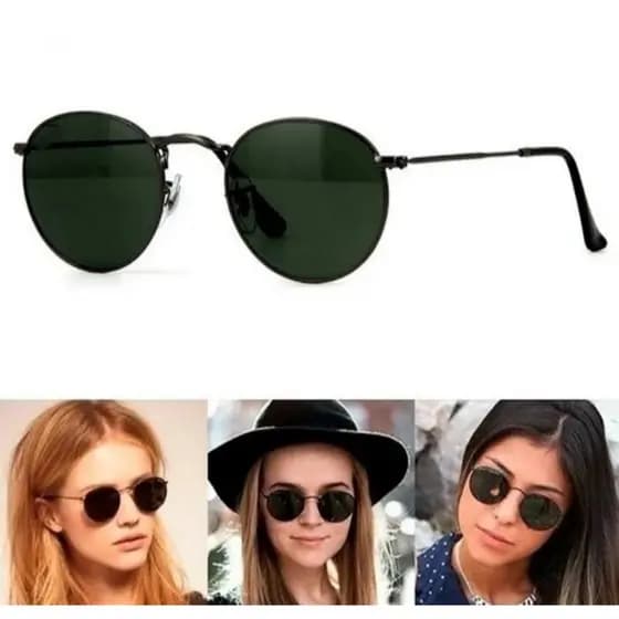 Óculos De Sol Round Redondo Preto Verde G15 Feminino Masculino Lente De Cristal UV400 Casual