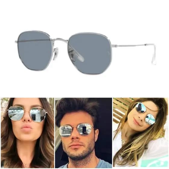 Óculos De Sol Hexagonal Prata Espelhado Feminino Masculino Lentes Cristal Armação Metal UV400