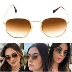 Óculos De Sol Hexagonal  Marrom Degrade Masculino Feminino UV400 Lente De Cristal Armação De Metal