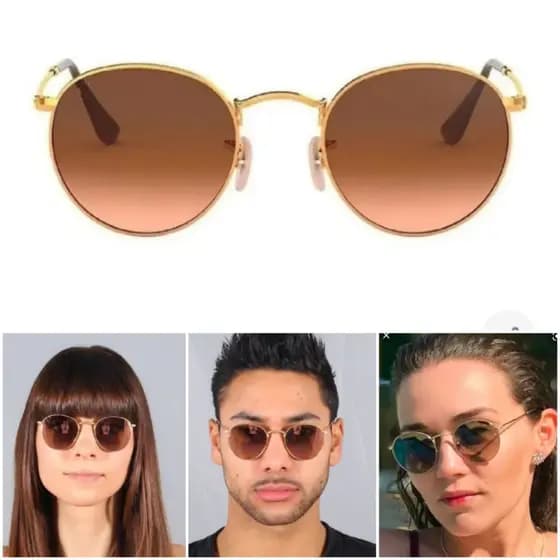 Óculos De Sol Round Marrom Degrade Masculino Feminino Proteção UV400 Lentes De Cristal Resistente
