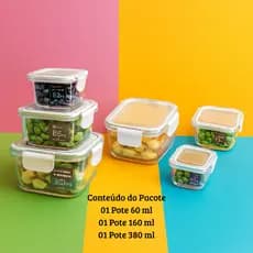 Hermético Quadrado Conjunto 3 Potes Vedação Eficaz Empilhável e SeguroTrio Potes Herméticos