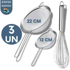 Kit 3 Peças 2 Peneira + Fue Batedor de Ovos Cozinha Confeitaria Pararia Cafeteria