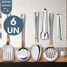Kit 6 Utensílio Aço Inox Pegador Carne Frios Colher Concha Escumadeira Espátula Casa Nova Cozinha