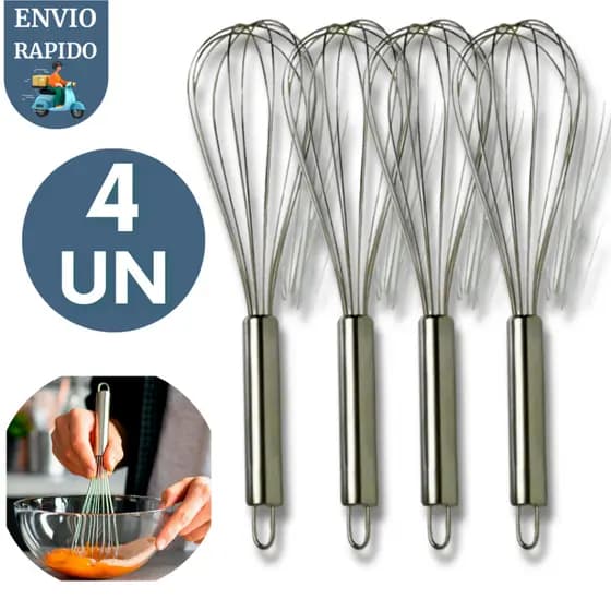Kit 4 Batedor Fouet Fue Profissional Bolo Massas Ovos Mousses Confeitaria Doceria Cafeteria