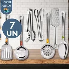 Kit 7 Completo Utensilio Aço Inox Pegador Salada Massas Ralador Colher Escumadeira Concha Espatula
