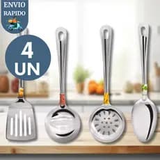 Kit 5 Utensilio Inox 100% Para Cozinha Colher Concha Espatula Escumadeira Porta Utensilio Casa