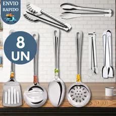 Kit 8 Completo Utensílio Aço Inox Pegador Massas Ralador Colher Escumadeira Concha Espátula