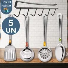 Kit 5 Peças Utensílio Aço Inox Para Cozinha Colher Arroz Espátula Escumadeira Concha Cabide