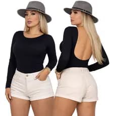 Body Feminino Manga Longa Canelado Costas Abertas Blusa Body Moda Inverno