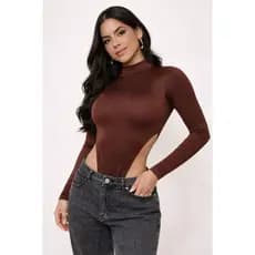 Body Feminino Branco Manga Longa Cavado Lateral Gola Alta Suplex Moda Blogueira