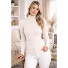 Blusa de Tricô Feminina Gola Alta Ajustada Manga Longa Inverno