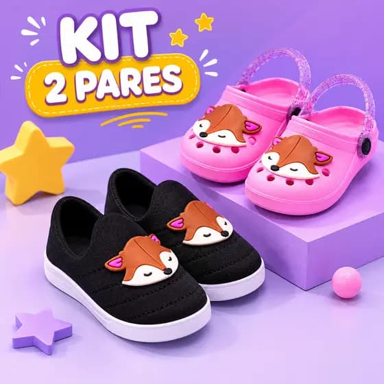 Kit 2 Pares Babuche Mais Tênis Raposa Confortável Menina Infantil Promoção Lançamento