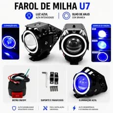 Kit 2 Farol de Milha U7 Grande Olho Anjo Led Azul Universal Angel Eye Carro Moto Strobo Com Punho Interruptor