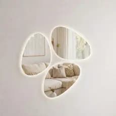 Kit 3 Espelhos Orgânicos 45x70 com LED –Iluminação a Pilha ou Fonte, Decorativos para Sala, Hall, Quarto e Closet Modern