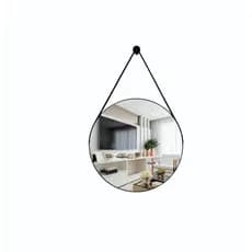 Espelho Adnet Decorativo Redondo com Alça Couro Ecológico Preto/Marrom para Sala,Quarto Banheiro