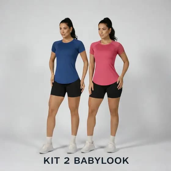 Kit 2 Camisas Baby Look Feminina Poliamida DryFit Blusa Fitness Academia Casual Preto Azul Rosa