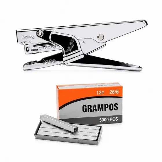 Grampeador Alicate Metal Profissional + 5000 Grampos 24/6 e 26/6 Até 30 Folhas Reforçado