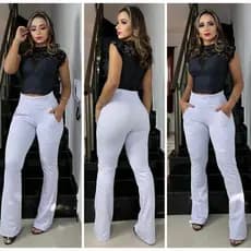 Calça Legging Flare Branca Bailarina Lisa Suplex Academia Enfermagem Esteticista Cós Alto