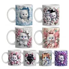 Caneca Gato Efeito 3D Xícara Gatinho Porcelana 320 ml