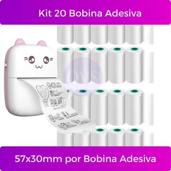 Kit 20 Bobina Etiqueta Termica Adesiva 57x30mm Branco Para Mini Impressora Portátil