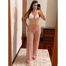 Calça Saída de Praia em Trico Feminana Elegante Cordão Ajustável Confortável