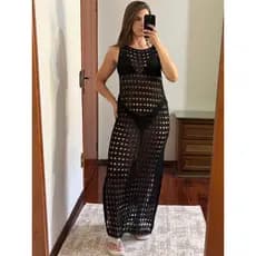 Vestido Saída de Praia Longa com Fenda Canga  Elegante Tricot Rendada